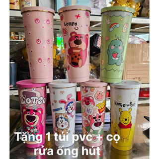 Bình giữ nhiệt họa tiết gấu dâu Lotso 750ml bằng inox 304 tặng kèm túi đựng ly que cọ ống hút