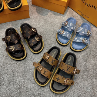 Dép lê nữ LV thiết kế thời trang trẻ trung, sandal nữ LV hai quai ngang đế mềm hàng fullbox