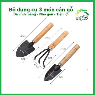 Bộ dụng cụ làm vườn 3 món cán gỗ, bộ dụng cụ làm vườn mini siêu tiện lợi