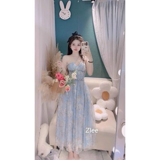 đầm nữ đi biển siêu mát chất voan in hoa 2 dây có mút chạy moccking mới váy xoè maxi 2 màu HQ