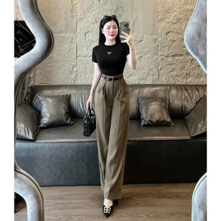 Sét bộ thời trang nữ mặc đi chơi áo chất thun tăm gân ôm găn logo ĐEN mix quần tuyết mưa kèm đai ống suông