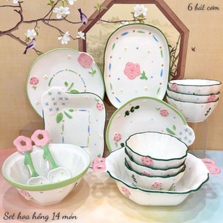 Tách lẻ set bát đĩa sứ hoa hồng 3D, nhiều món đa dạng