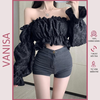 Áo croptop trễ vai bẹt tay dài vải voan xốp kiểu ôm tay bồng VANISA CT045