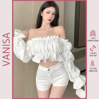 Áo trễ vai croptop bẹt tay dài vải voan xốp kiểu ôm tay bồng VANISA CT045