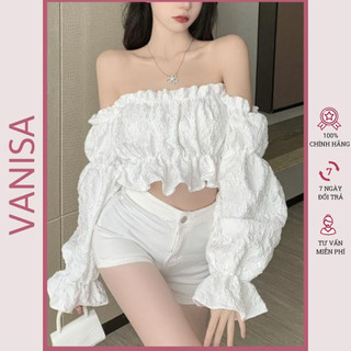 Áo trễ vai croptop kiểu bẹt tay dài vải voan xốp ôm tay bồng VANISA CT045