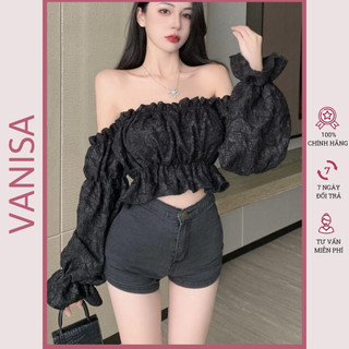 Áo kiểu trễ vai croptop bẹt tay dài vải voan xốp ôm tay bồng VANISA CT045