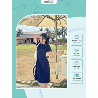 Đầm dài xanh đen ODS thiết kế cổ tròn, cut out 1 bên vai, tay ngắn, xẻ tà sau, dây kéo sau mặc đi chơi đi biển - DK1