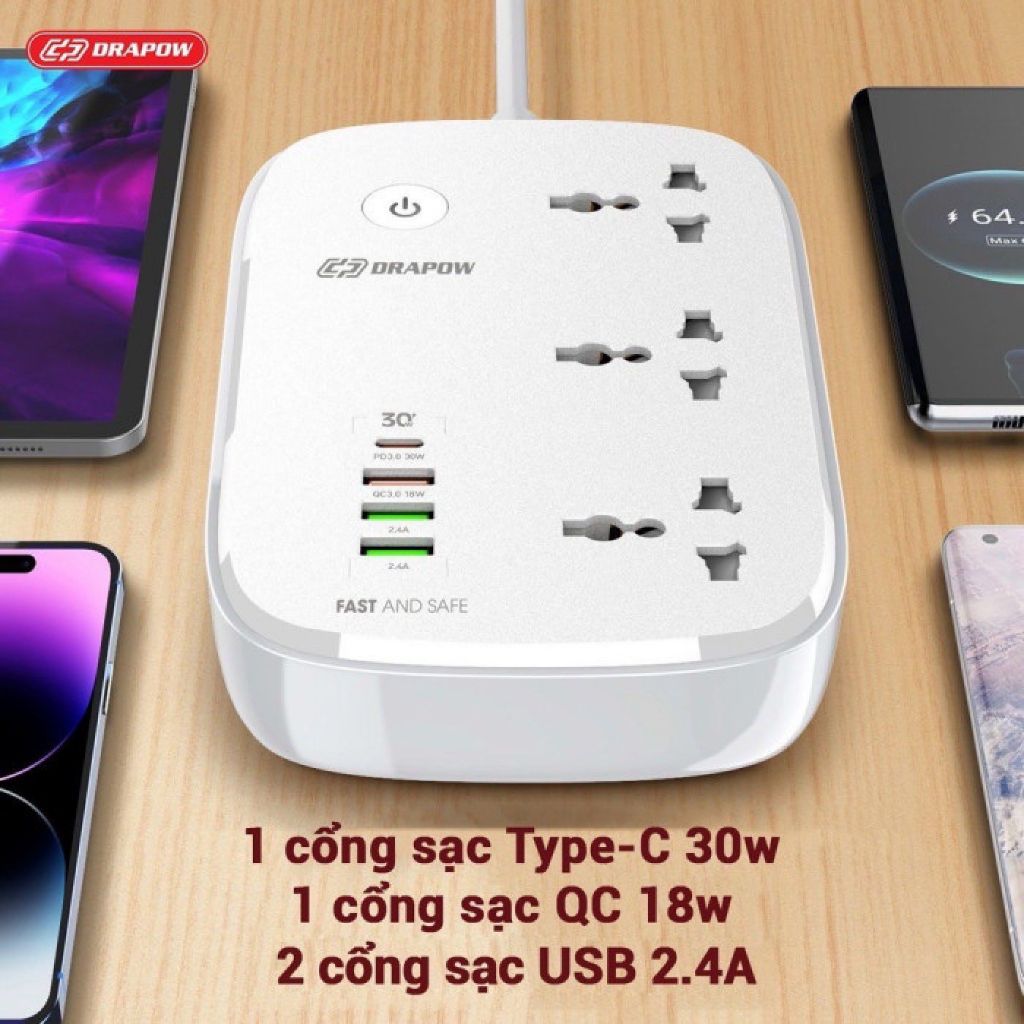 Ổ cắm điện Wifi thông minh kết nối App Drapow SK25 3 ổ cắm điện 2500W+1 cổng sạc 30W
