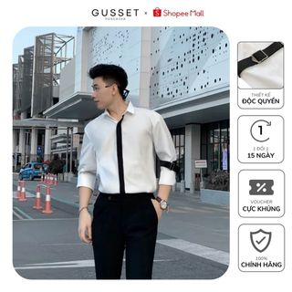 Áo Sơ Mi Nam Dài Tay GUSSET, Sơ Mi Nam Trắng Form Rộng Phối Nẹp Tay Lụa Hàn Phong Cách Trẻ Trung Cá Tính