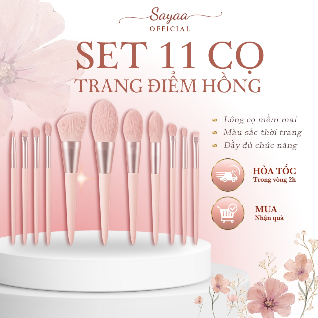 Set 11 cọ trang điểm make up cá nhân bằng  lông siêu mềm mượt kèm túi đựng xinh xắn, phụ kiện trang điểm Sayaa