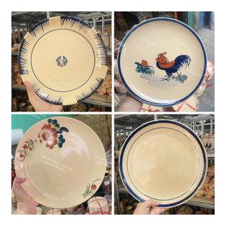 Dĩa gốm vẽ hoạ tiết gà/hoa/chỉ size cực đại đường kính 25cm - gốm xưa cho người hoài niệm - gốm nam bộ xưa hàg lò ga dày