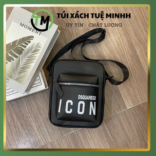 Túi đeo chéo nam nữ mini vải dù bóng đen in hoạ tiết chữ ICON khoá zip bạc cao cấp