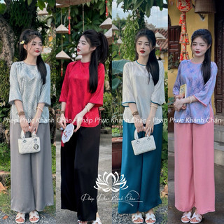 Set pháp phục gấm thọ cổ tròn khuy tết, đồ lam đi chùa