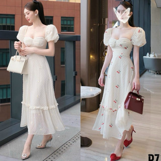BIGSIZETIX Đầm maxi tiểu thư tay phồng thiết kế cúp ngực trên nền hoa thêu phối bèo tầng xinh xắn 50-90kg