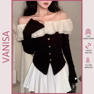 Áo bẹt trễ vai tay dài kiểu bèo ôm tay bồng công chúa trắng đen VANISA CT061