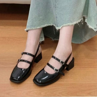 Giày hở gót 2 quai ngang đế vuông cao 4cm đa bóng tiểu thư mã V084
