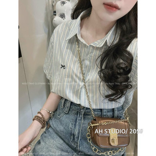 Áo sơ mi kẻ cộc tay thêu nơ - hàng xưởng mã 205#