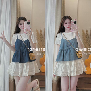 Set 3 món yếm bò 2s kèm phông trắng cv xoè ren s3myb2