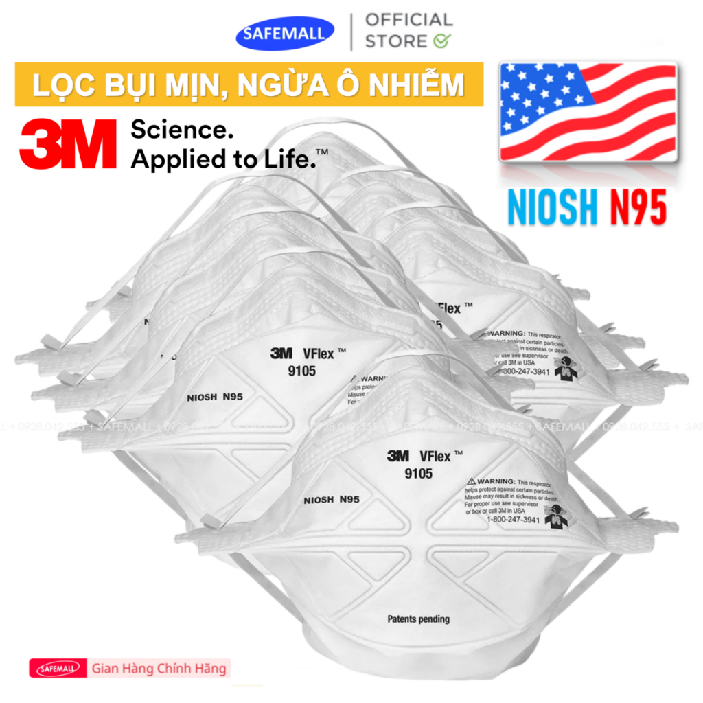 Set 20 chiếc KT 3M 9105 Vflex tiêu chuẩn N95 NIOSH Mỹ, lọc bui siêu mịn, chống ô nhiễm, đi đường