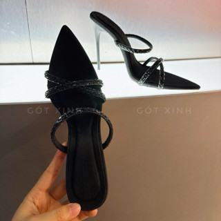 Dép cao gót xinh nữ đi tiệc quoai đá chéo đen mũi nhọn sang choảnh cao 8 đến 12cm (Đen) Giày shoes