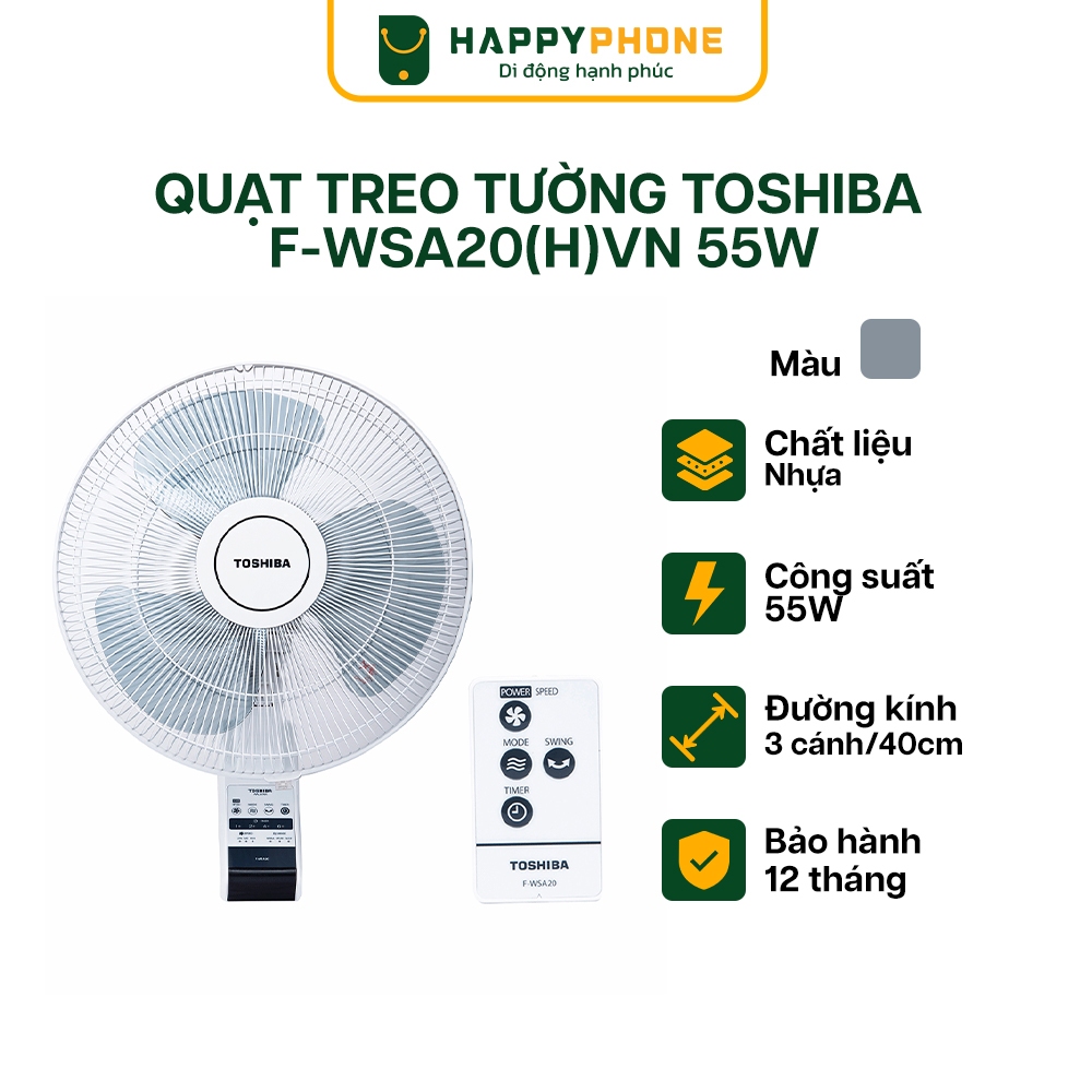 Quạt Treo Tường TOSHIBA F-WSA20(H)VN 55W Màu Xám - Hàng Chính Hãng