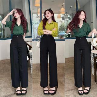 Quần ống rộng nữ cạp cao đi học làm chơi du lịch biển dáng dài quần tây ống rộng nữ lưng cao 1 khuy vải đen dày đáy cao