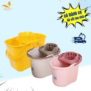 Xô lau vắt nước cho cây lau nhà đầu tròn, loại đơn - đôi, có bánh xe, nhập khẩu cao cấp
