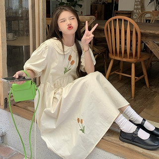Đầm cotton tay phồng thêu hoa dáng rộng, váy cotton tay ngắn cổ búp bê phong cách Hàn Quốc 3231