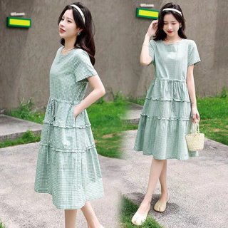 Đầm linen nữ tay ngắn dáng chữ A nhún tầng HOTTREND khô da211