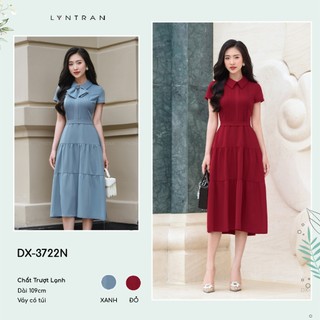Váy xòe đi tiệc xếp ly ngực váy midi dáng A công sở ngắn tay dún chân váy 2 tầng LYNTRAN DX-3722N