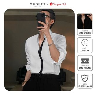 Áo Sơ Mi Nam Dài Tay GUSSET, Sơ Mi Trắng Nam Cổ Tàu Phối Viền Vải Lụa Chéo Style Đơn Giản Lịch Sự CT02