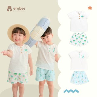 Bộ Cộc Tay Họa Tiết Sanho, Cây Dừa Cho Bé Trai Embes, Chất Cotton Mềm Mịn Từ 8kg Đến 19kg