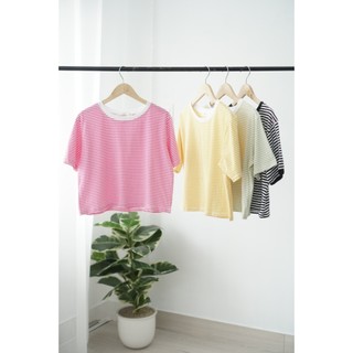 Áo thun nữ sọc croptop thời trang, áo thun cổ tròn cotton sọc