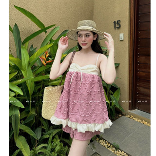 Set đồ nữ áo 2s babydoll hoa tiết dập hoa phối màu sang chảnh đi du lịch, thời trang thiết kế nữ LuciK Shop SB0096