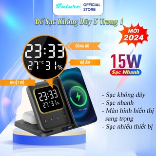 Đế Sạc Nhanh Không Dây Đa Năng, Bộ Sạc Không Dây 5 in 1 Tích Hợp Đồng Hồ Báo Thức, Đo Độ Ẩm Nhiệt Độ Sạng Trọng
