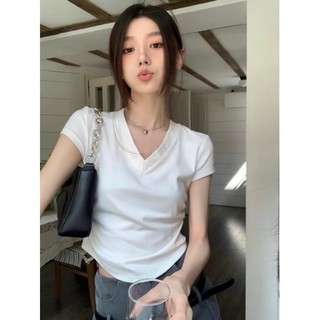 {Ảnh thật cuối] Áo thun gân nữ cổ chữ V tay ngắn nhún hông ôm body phong cách basic MC