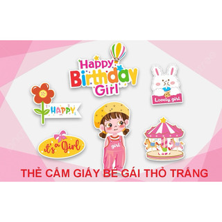 Thẻ cắm giấy bé gái thỏ trắng trang trí bánh