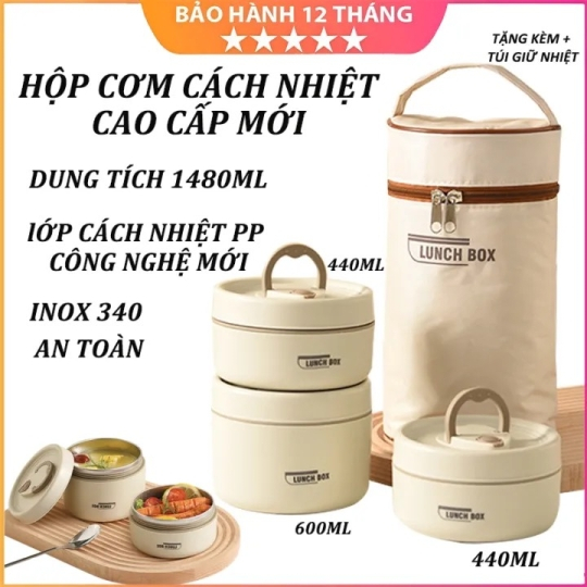 HỘP CƠM GIỮ NHIỆT 3 TẦNG LUNCH BOX BAG + TẶNG KÈM TÚI GIỮ NHIỆT + BỘ MUỖNG ĐŨA INOX