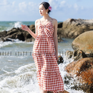 Đầm 2 dây caro cam NGADO