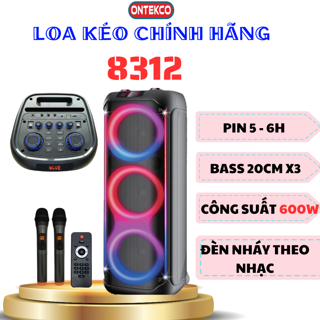 Loa kéo karaoke Partybox ONTEKCO 8312 , Bass 20 tặng kèm 2 micro UhF không dây chính hãng. Bảo hành 12 tháng