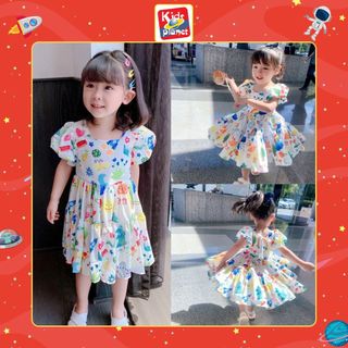 Váy xòe trắng phối nhiều màu xuân hè cho bé gái (N00623)