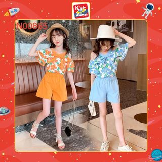 Set quần sooc & áo hoa tay bồng hở vai họa tiết hoa cho bé gái 14-35kg (N00865)