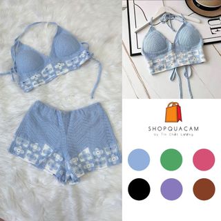 Set Ren Lưới Đan 2 Món Gồm Quần Và Áo Bra, Bộ Bikini Đi Biển Phối Hoa Nhỏ Ô Vuông Viền Siêu Xinh Hàng Qccc Shopquacam