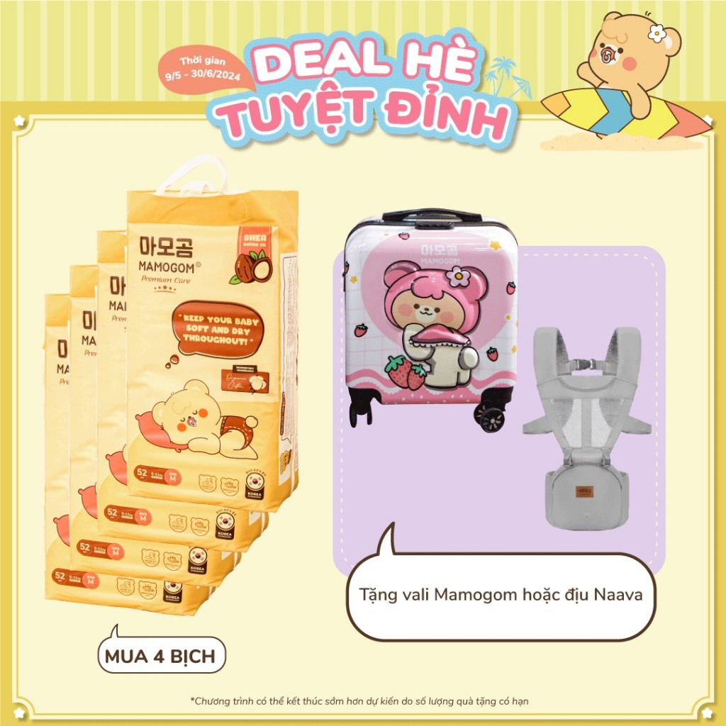 [ Tặng 1 Vali Mamogom HOẶC 1 Địu NAAVA ToBé ] Combo 4 Bịch Bỉm/ Tã Mamogom PREMIUM CARE Cho Bé