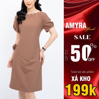 (XÃ KHO) Đầm Suông Công Sở Dự Tiệc Sang Trọng Bigsize AMYRA, Thiết Kế Suông Dài Tay Phồng Phối Hoa Eo Đính Ngọc DA125