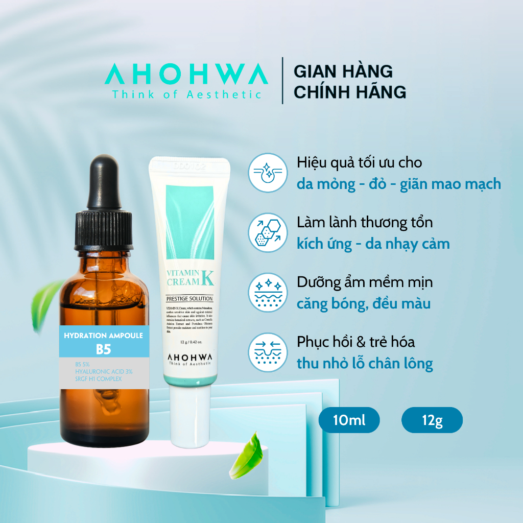 [Sản phẩm dùng thử] Combo AHOHWA Ampoule B5 Chiết 10ml, Kem Vitamin K 12g - Phục Hồi Da Mỏng Đỏ, Da Yếu, Lộ Mao Mạch