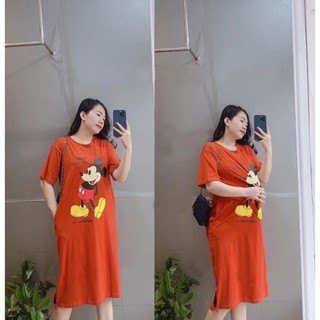 Đầm thun dài, váy xuông bầu chất cotton Gemmy House in hình Mickey cam new