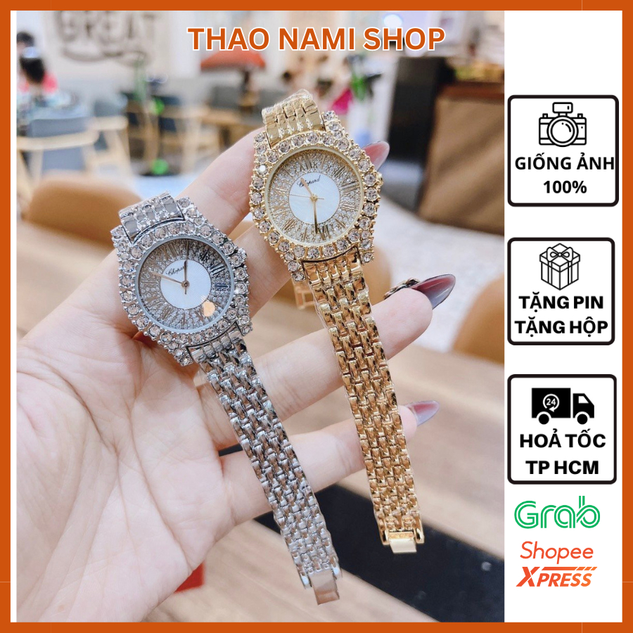 Đồng hồ nữ dây kim loại Chopard, đồng hồ nữ đẹp dây kim loại mặt đính đá full viền sáng tay sang trọng - THAONAMI