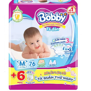 Tặng thêm 6 miếng bên trong- tã dán trẻ em bobby size m 76 miếng - bỉm dán bobby m
