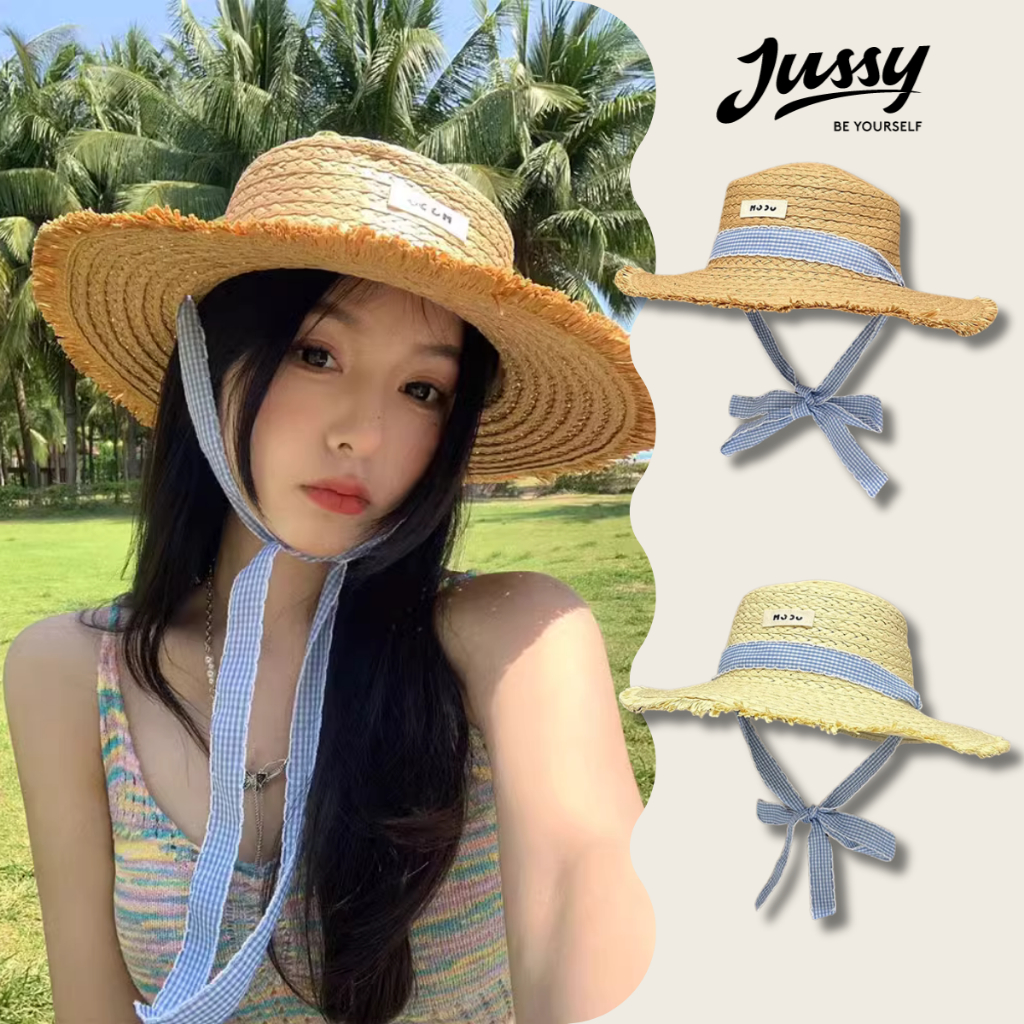 Mũ Cói Mềm Nơ Caro Xanh Xinh Xắn JMC12 Jussy Official Nói Cói Đi Biển Phong Cách Mũ Nữ Vintage Đóng Hộp To Giữ Form